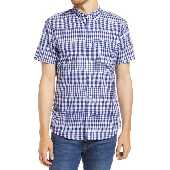 1901 Trim Fit Button Down Short Sleeve Shirt Sz Small White Blue Kat Plaid NWT - Picture 2 of 7